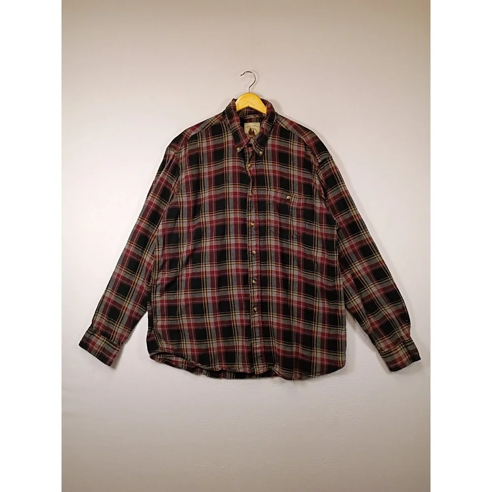 Rugged G.H. Bass Mens XL Burgundy Black Plaid Cotton Flannel Button Down Shirt
